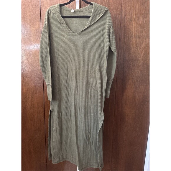 Elan Loungewear Dress Size XL Hoodie Thermal Waffle Knit Stretch Maxi Side Slits - Picture 1 of 8